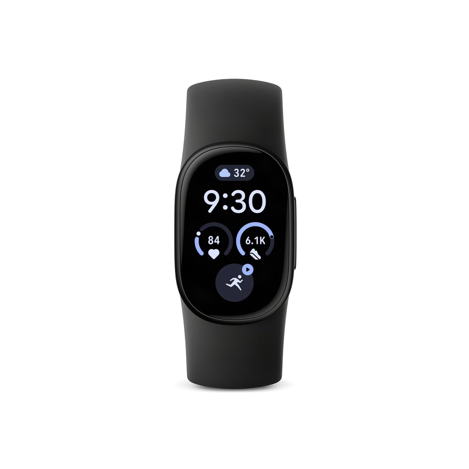 Le bracelet connecté Fitbit Edge de Google, coloris noir, avec son écran AMOLED affichant l'heure et les données d'activité