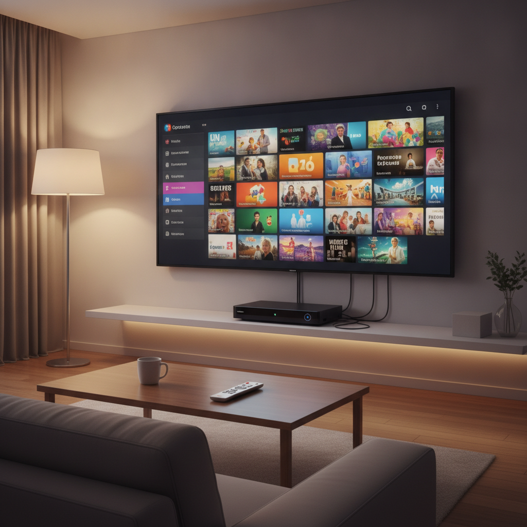 Plateforme de streaming affichée sur un téléviseur de salon relié à une box opérateur