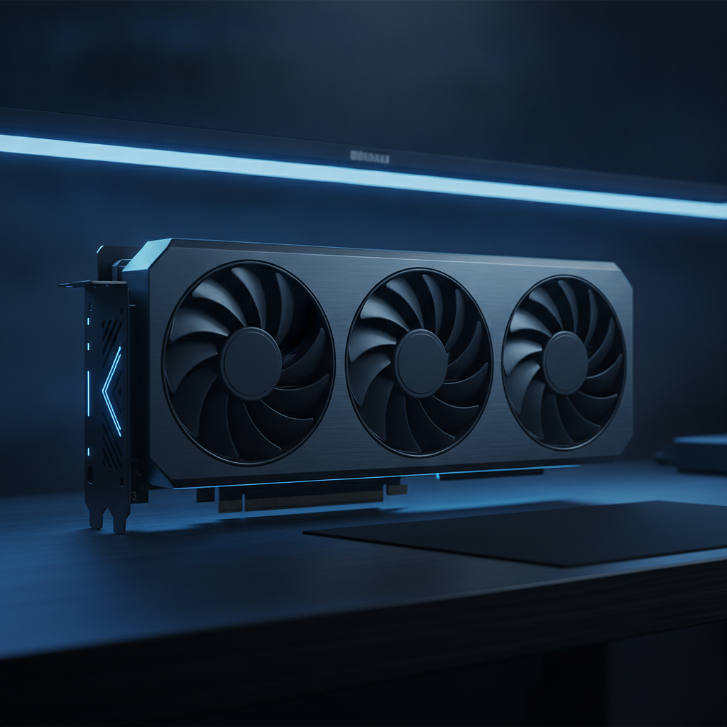 Carte graphique de PC sur un bureau, ambiance gaming
