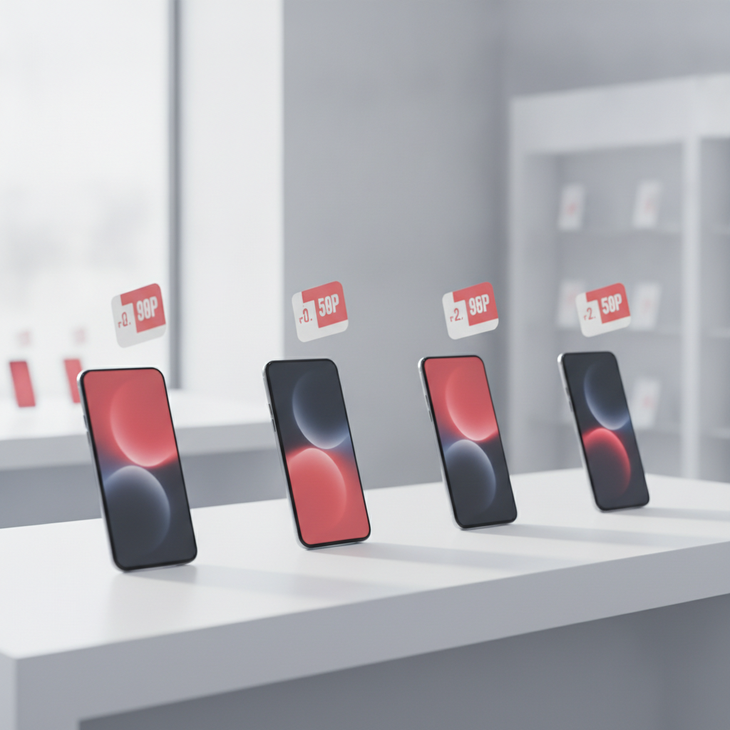 Smartphones en promotion alignés dans une ambiance boutique télécom aux tons rouge et blanc