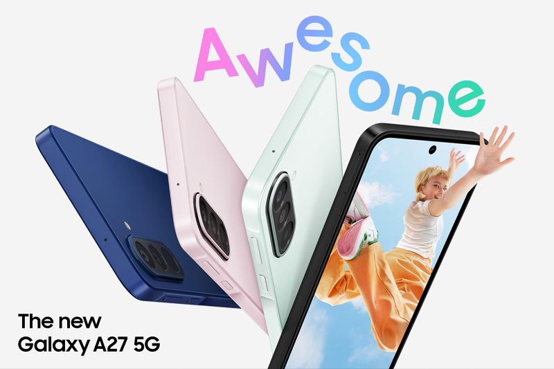 Le Samsung Galaxy A27 5G en coloris bleu, rose et vert, vu de dos et de face