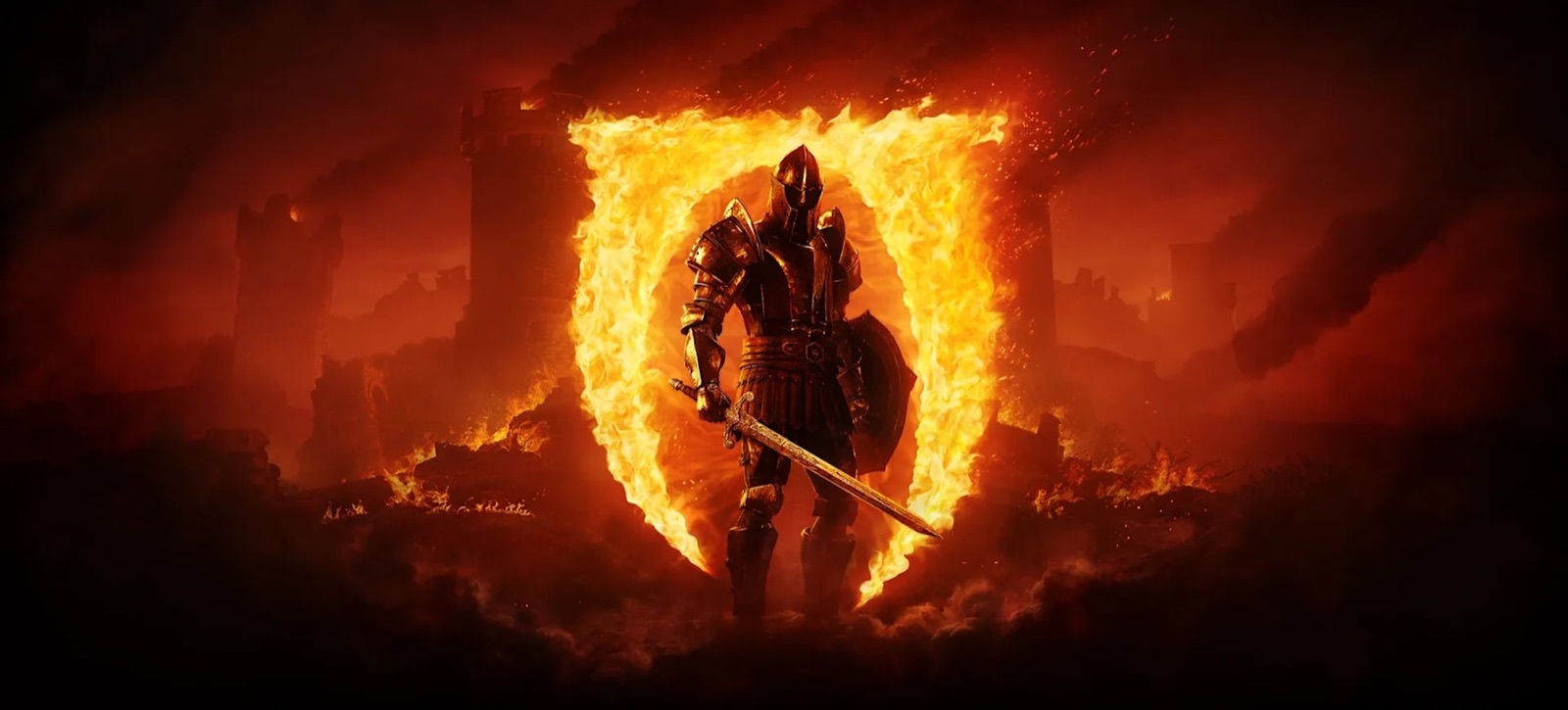 Key art officiel de The Elder Scrolls IV: Oblivion Remastered, un chevalier en armure devant un portail d'Oblivion en flammes