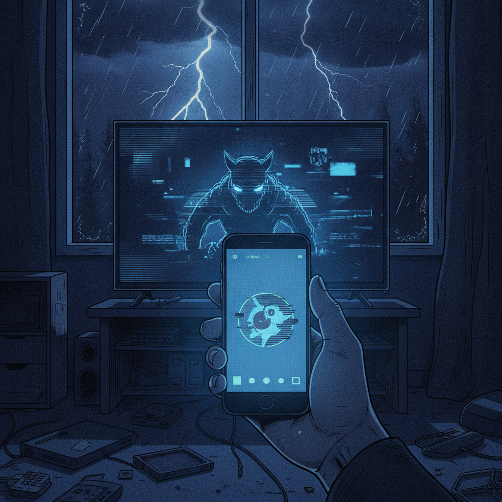 Un smartphone tenu en main dans une pièce sombre face à une télévision, ambiance jeu d'horreur