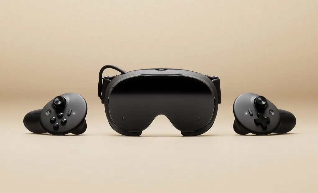 Le casque de realite virtuelle Steam Frame de Valve, noir, entoure de ses deux manettes, sur fond beige