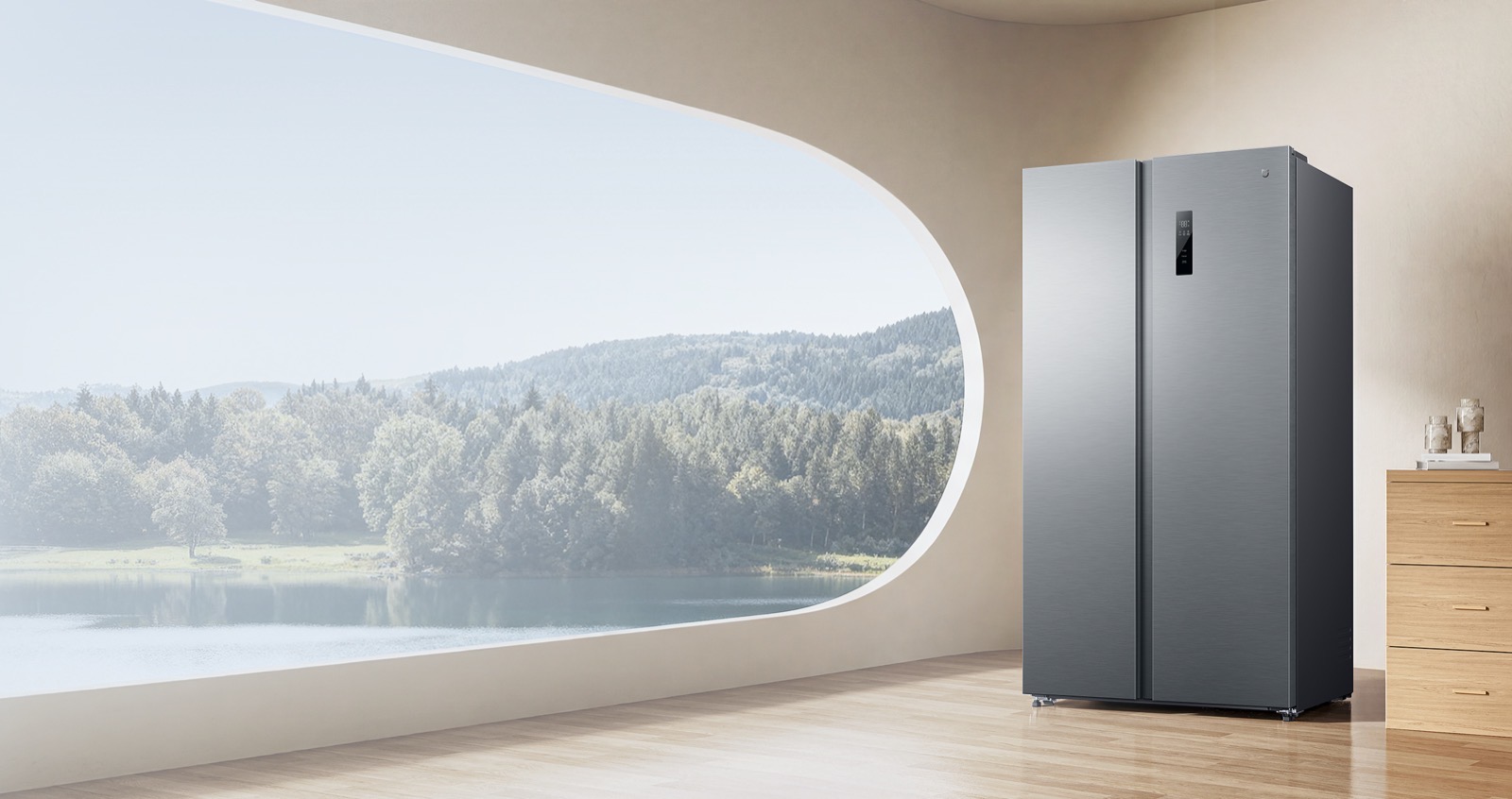 Réfrigérateur américain Xiaomi Mijia 621L côte à côte en inox dans une cuisine