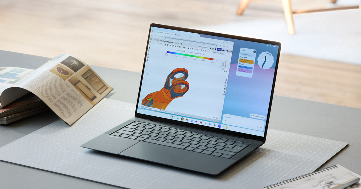 Ordinateur portable ASUS Googlebook 14 ouvert sur un bureau, affichant une application de modélisation 3D