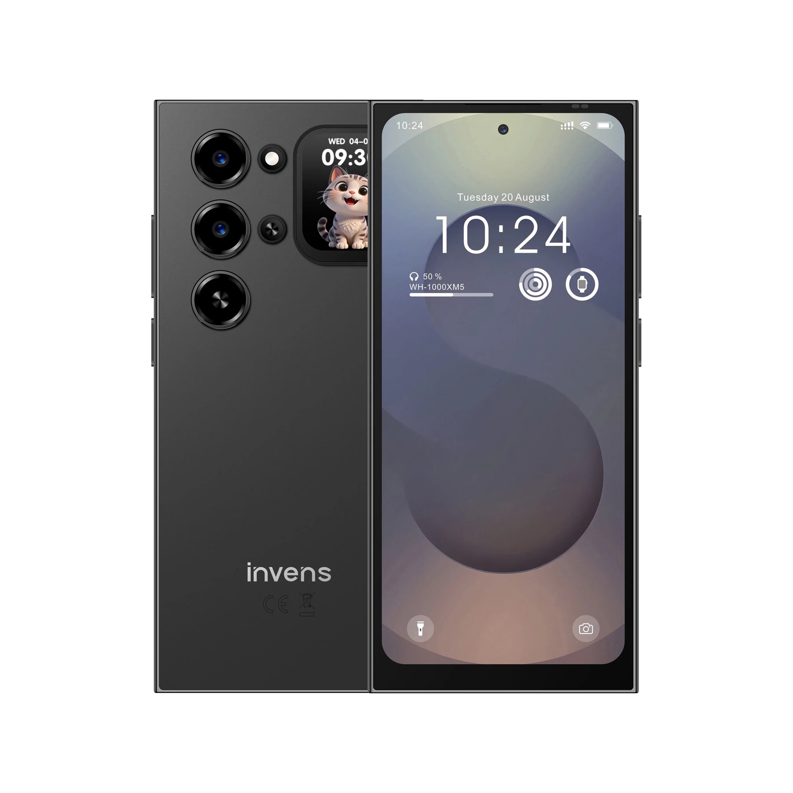 Smartphone INVENS Ultra S26 vu de dos et de face, avec son second écran arrière près du module photo