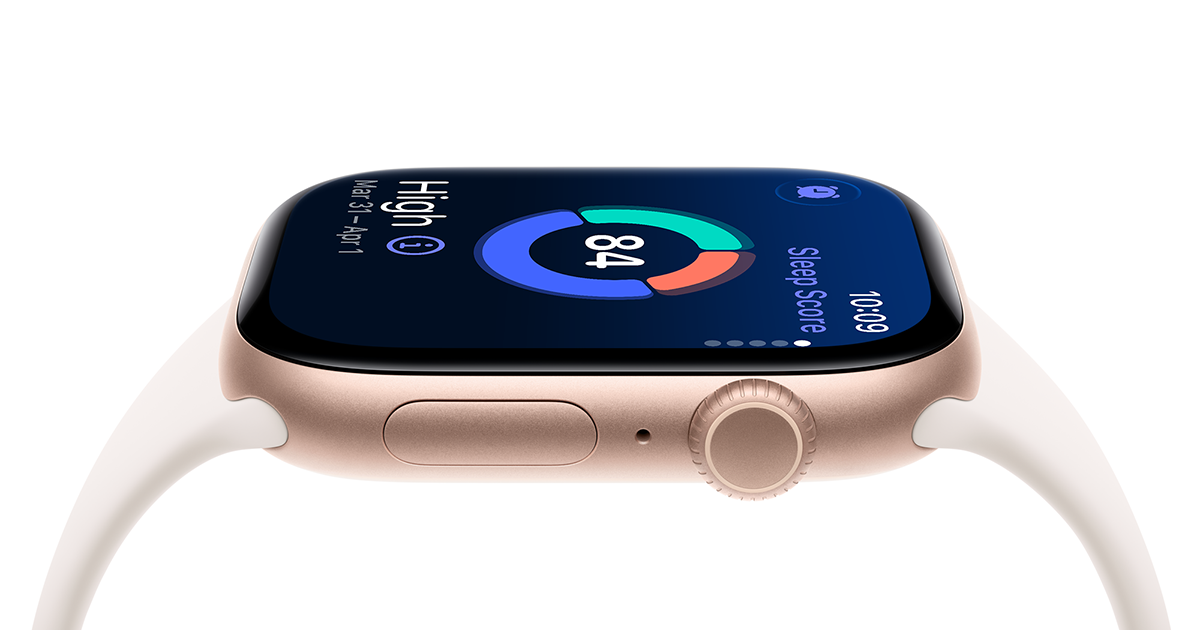 Apple Watch de profil avec un bracelet boucle Sport et les anneaux d'activite a l'ecran