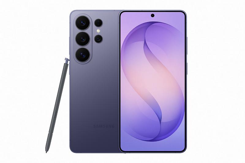 Le Samsung Galaxy S26 Ultra en coloris violet, vu de dos et de face avec son stylet S Pen