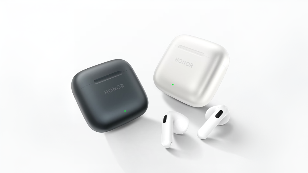 Écouteurs sans fil Honor Earbuds 5e avec leurs boîtiers de charge noir et blanc