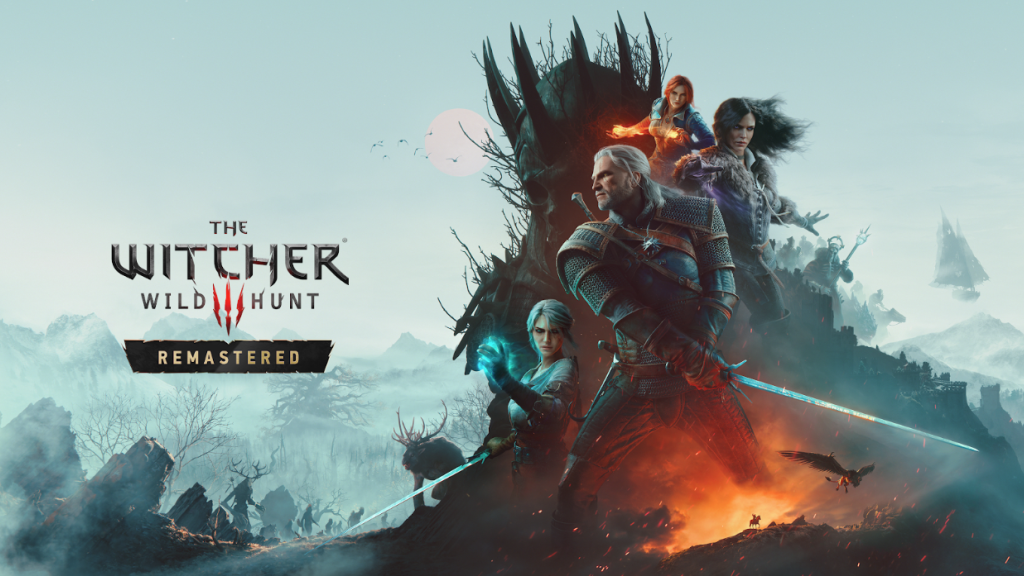 Key art officiel de The Witcher 3: Wild Hunt Remastered avec Geralt de Riv, Ciri, Yennefer et Triss