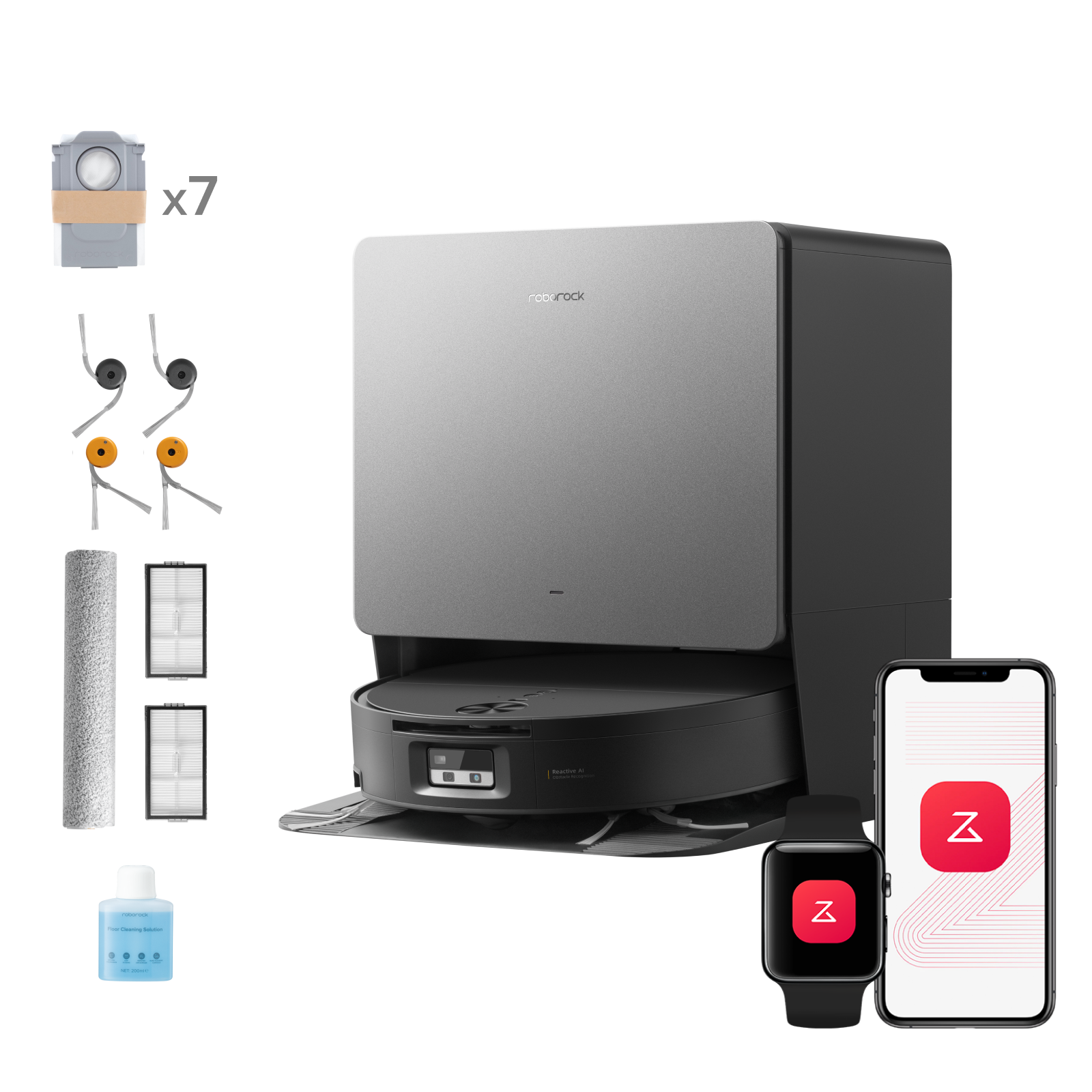 Robot aspirateur-laveur Roborock Saros 20 Flow Complete dans sa station RockDock, avec ses accessoires et l'application mobile