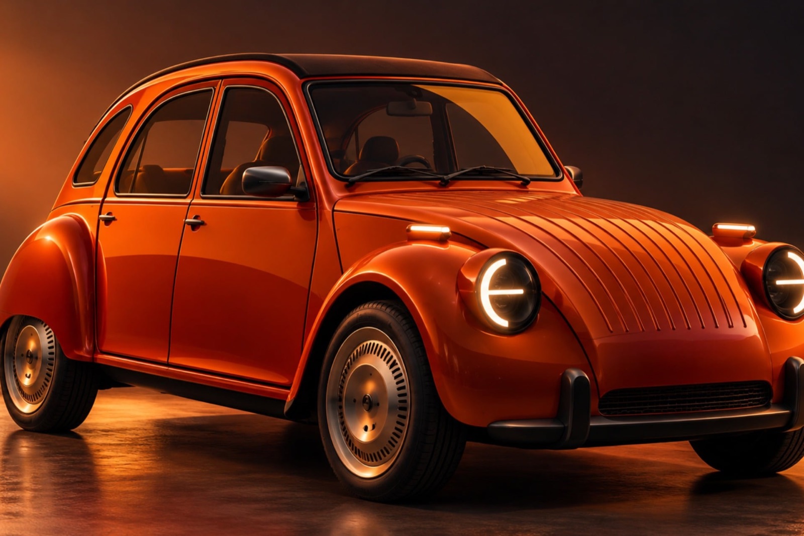 Concept Citroën 2CV électrique de couleur orange, avec phares ronds à LED sur les ailes et capot bombé strié