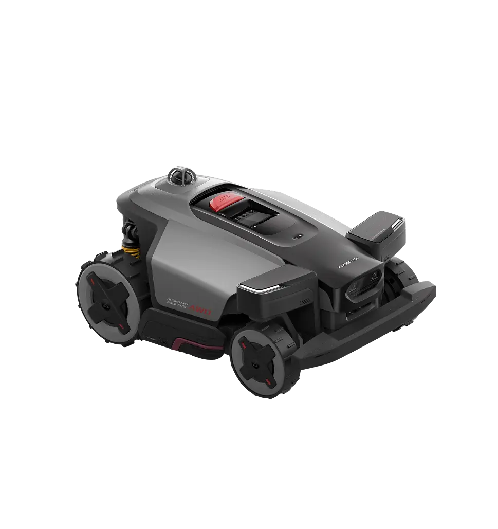 Le robot tondeuse Roborock RockMow Z1 LiDAR vu de trois quarts, avec ses quatre roues motrices