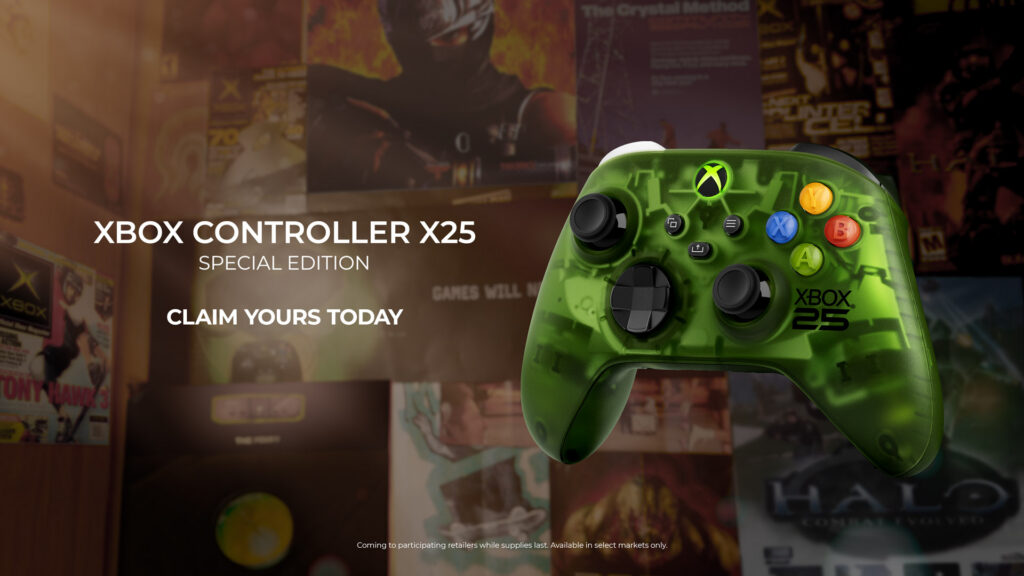 Manette Xbox X25 Special Edition a coque verte translucide avec logo XBOX 25 et boutons colores