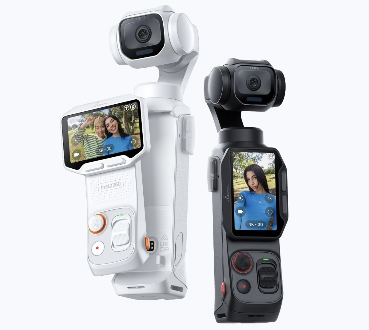 Insta360 Luna Pro en noir cosmique et blanc stellaire, caméra de poche à nacelle avec écran OLED détachable et optique Leica