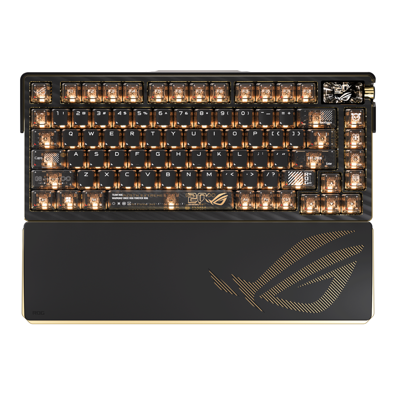 Clavier mécanique ASUS ROG Azoth Extreme Edition 20 aux finitions dorées, vu de dessus