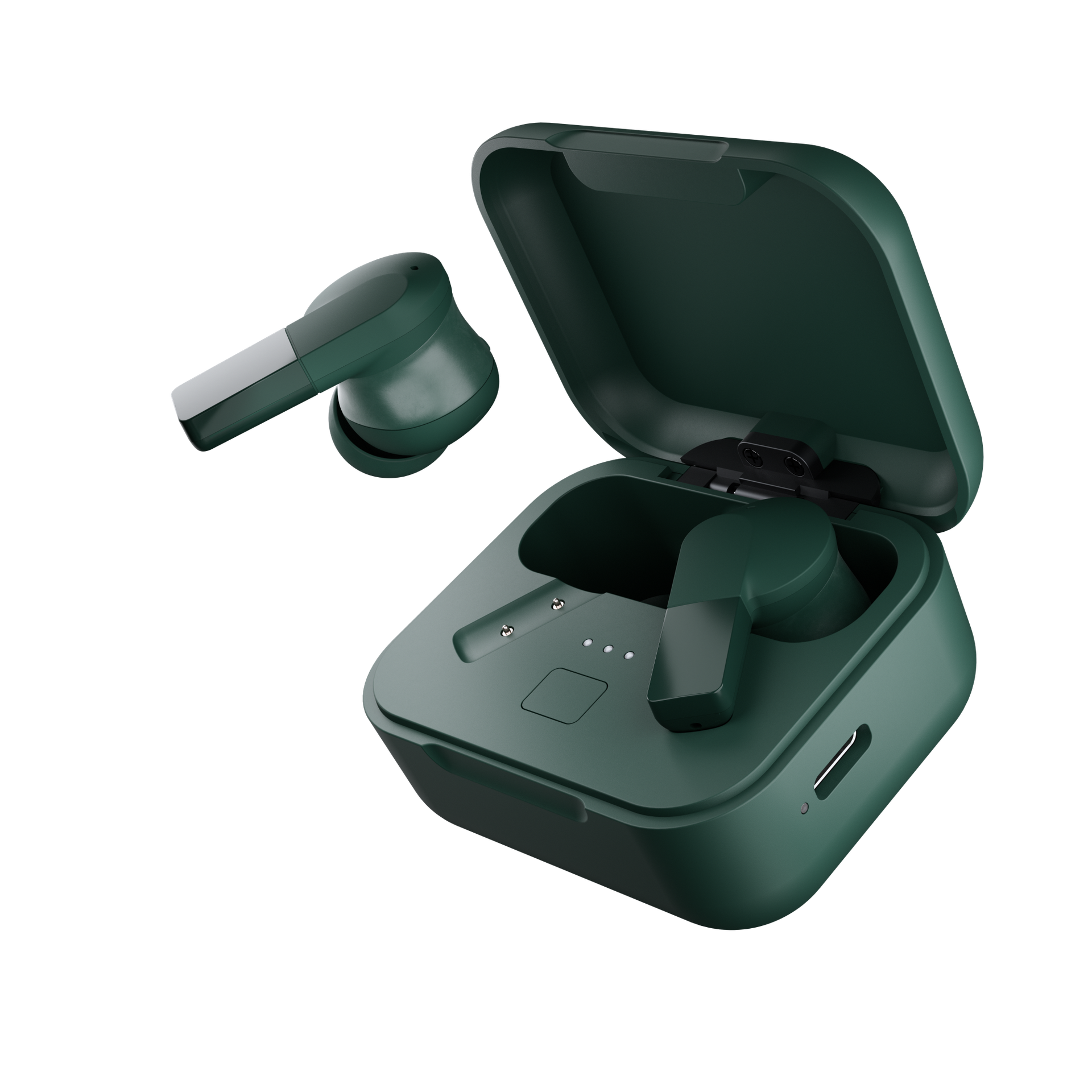 Écouteurs Fairphone Fairbuds 2 coloris Forest Green avec leur boîtier de charge ouvert