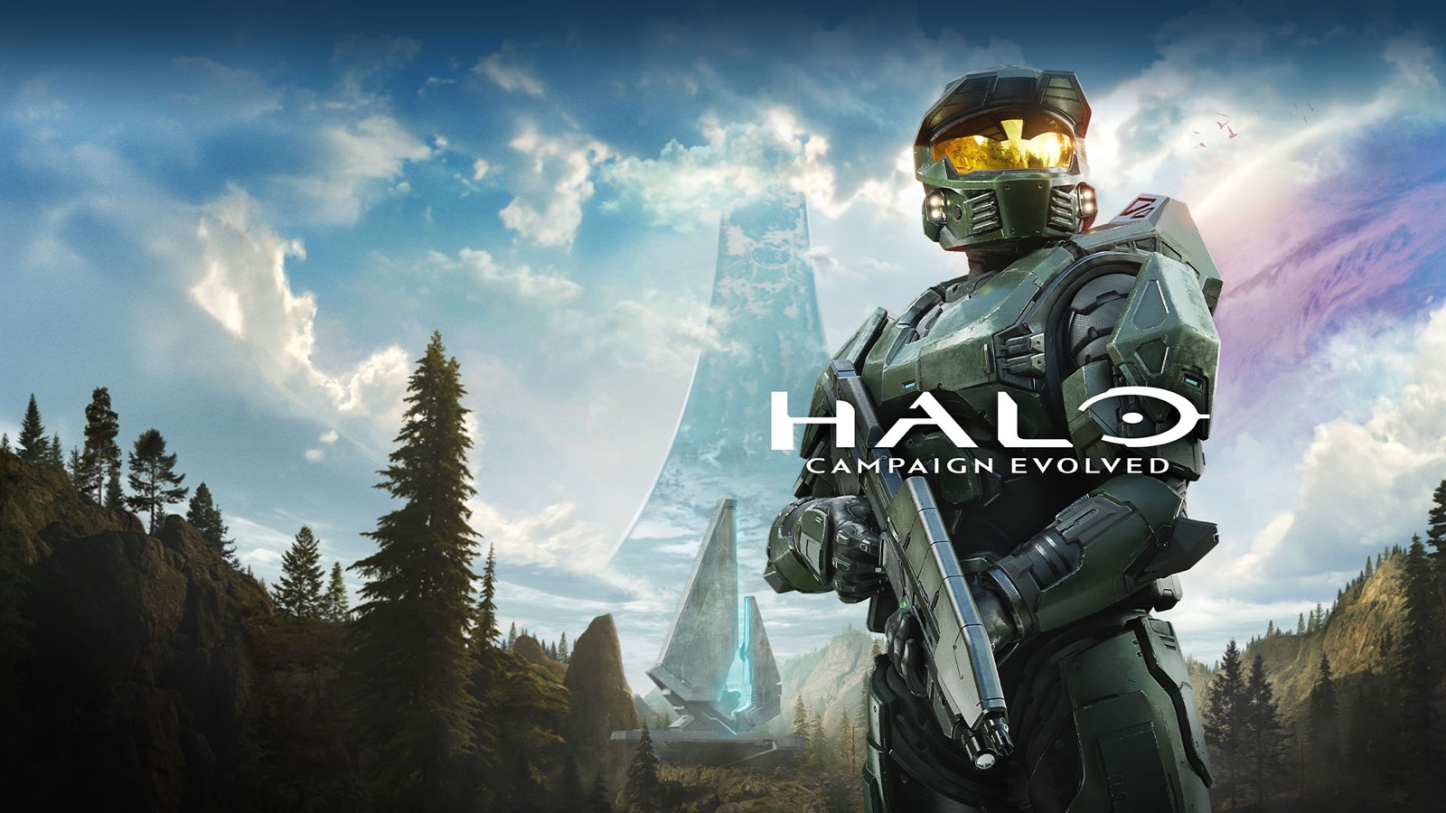 Le Master Chief en armure vert olive, une arme à la main, devant une planète : key art officiel de Halo: Campaign Evolved
