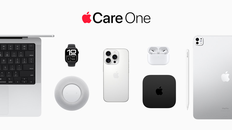 Logo AppleCare One entouré de produits Apple : MacBook, Apple Watch, HomePod, iPhone, AirPods Pro, Apple TV et iPad avec Apple Pencil
