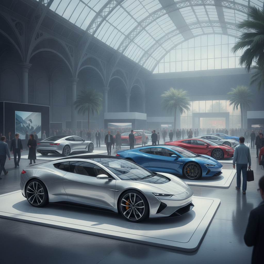 Salon automobile, voitures exposées sous une halle
