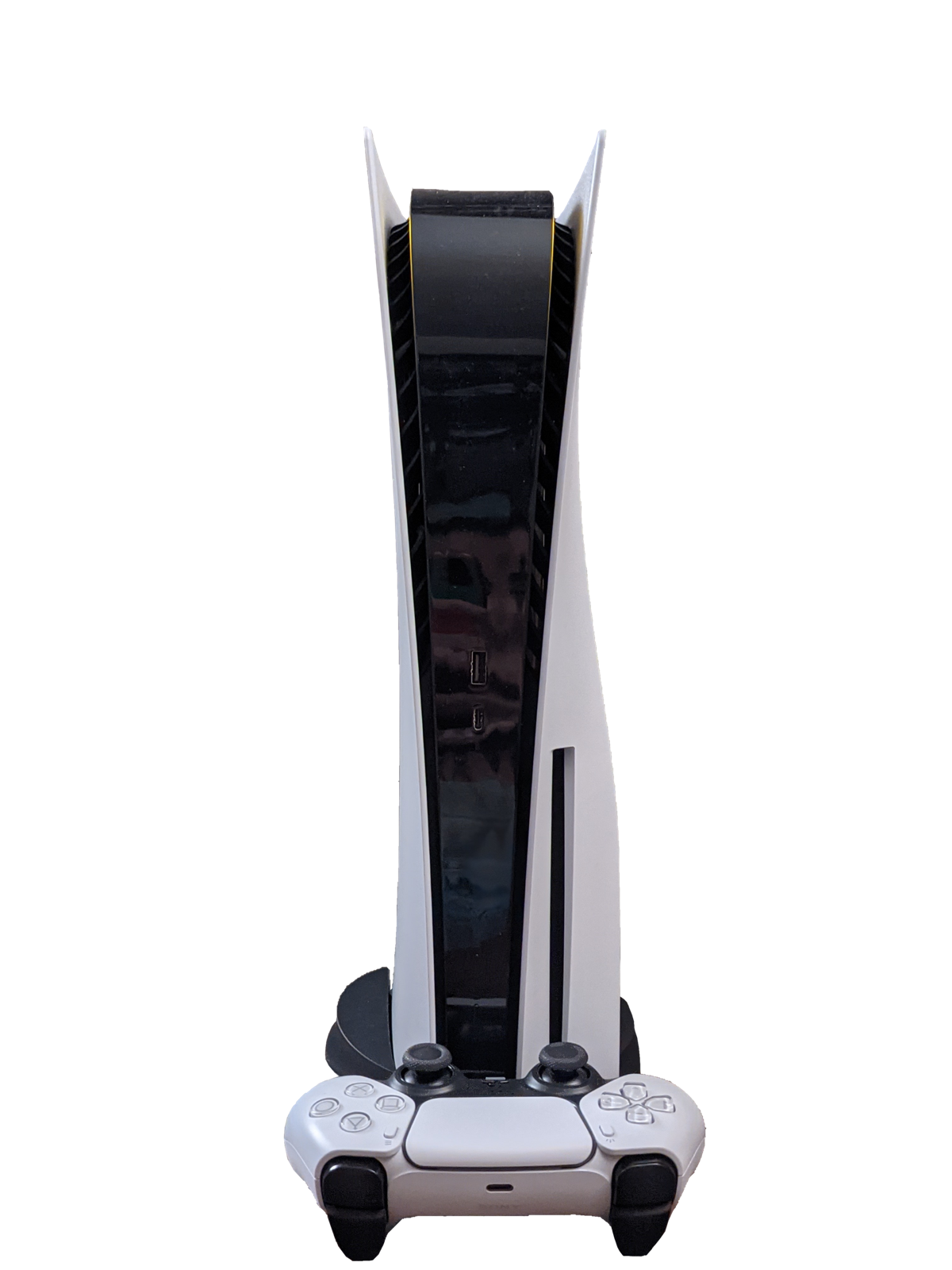 Console PlayStation 5 debout avec sa manette DualSense blanche