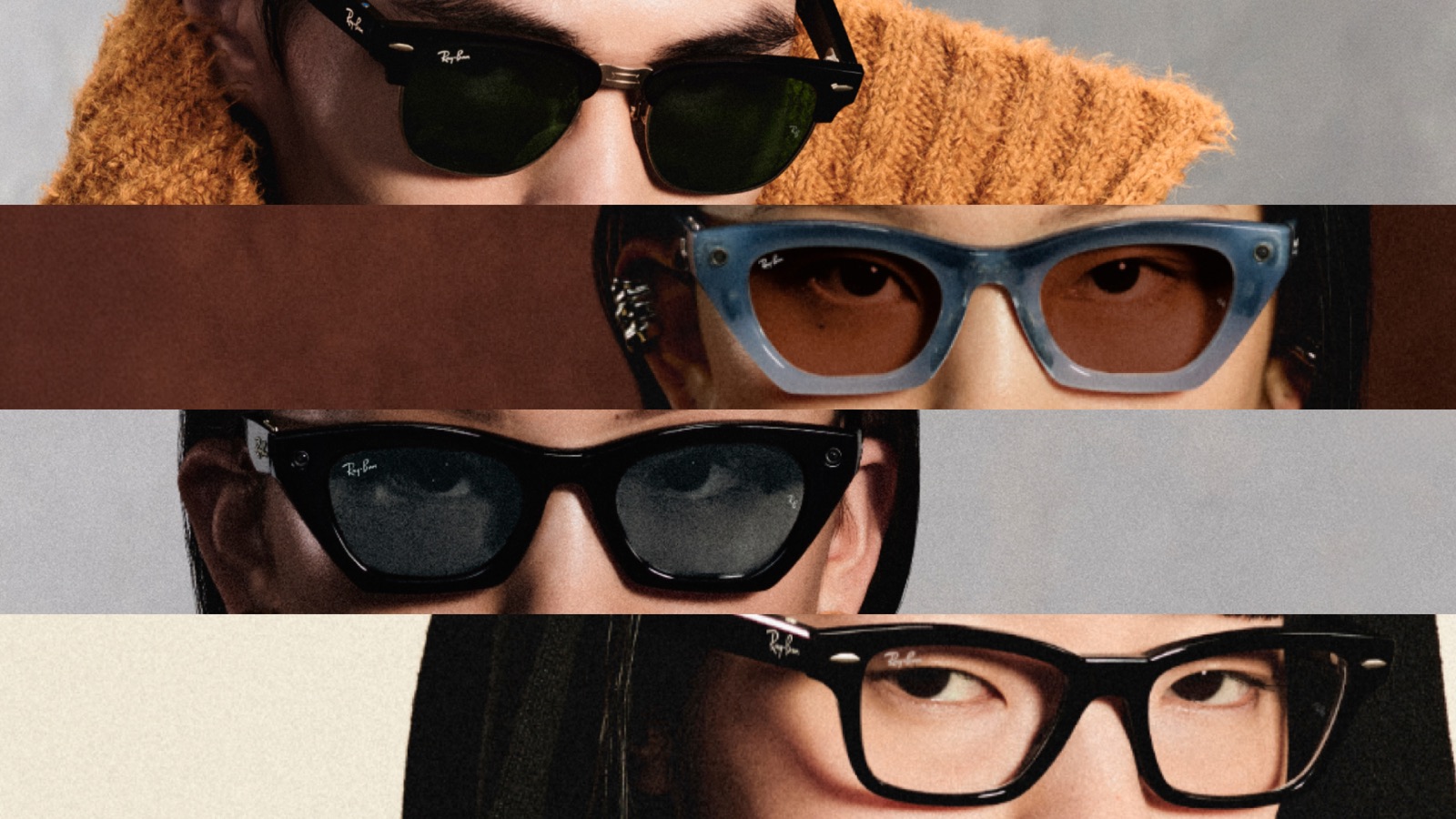 Quatre modèles de lunettes connectées Ray-Ban Meta portés en gros plan