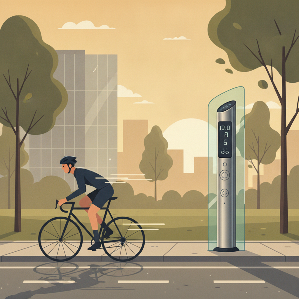 Cycliste sur une piste cyclable à côté d'une borne de comptage de vélos en ville