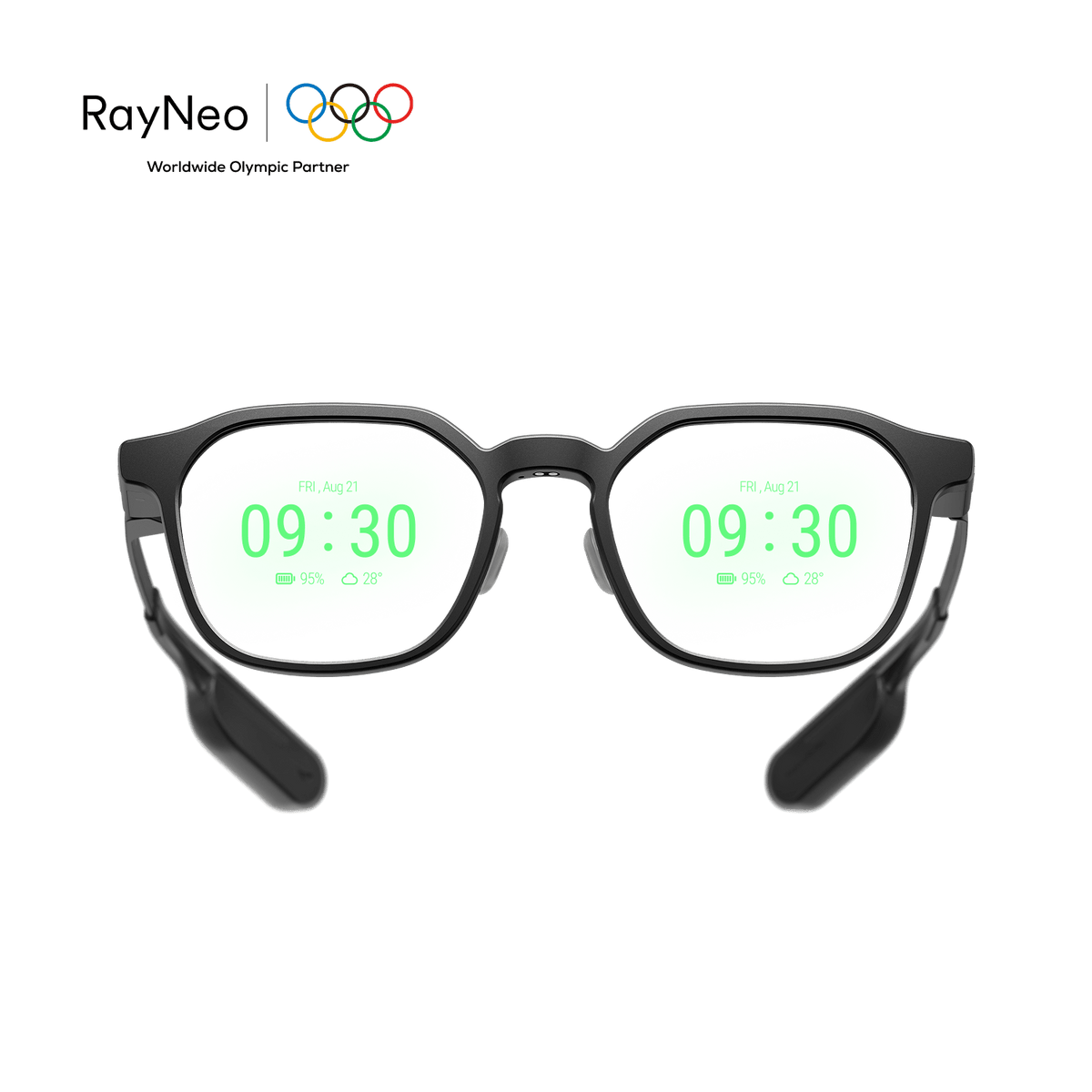 Lunettes connectées RayNeo iO vues de face, avec affichage tête haute (heure, batterie et météo) projeté sur les verres