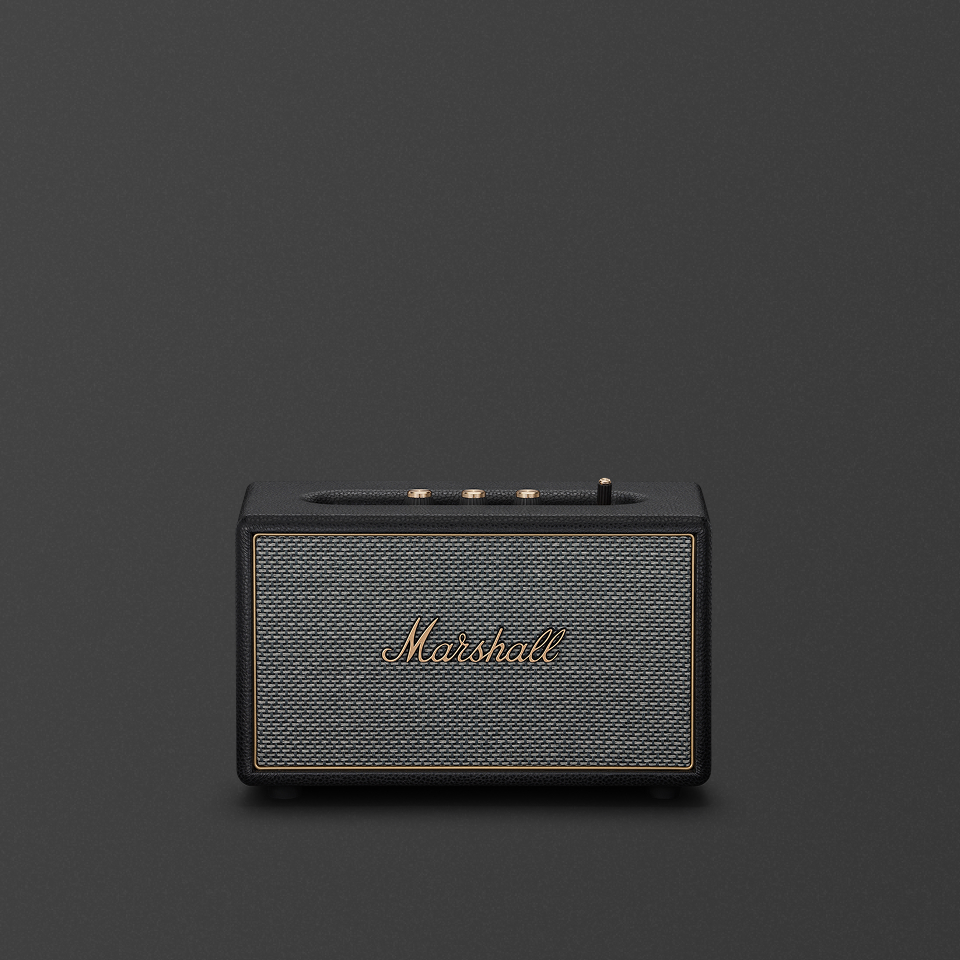 Enceinte Marshall Acton IV noire au style d'ampli de guitare, vue de face
