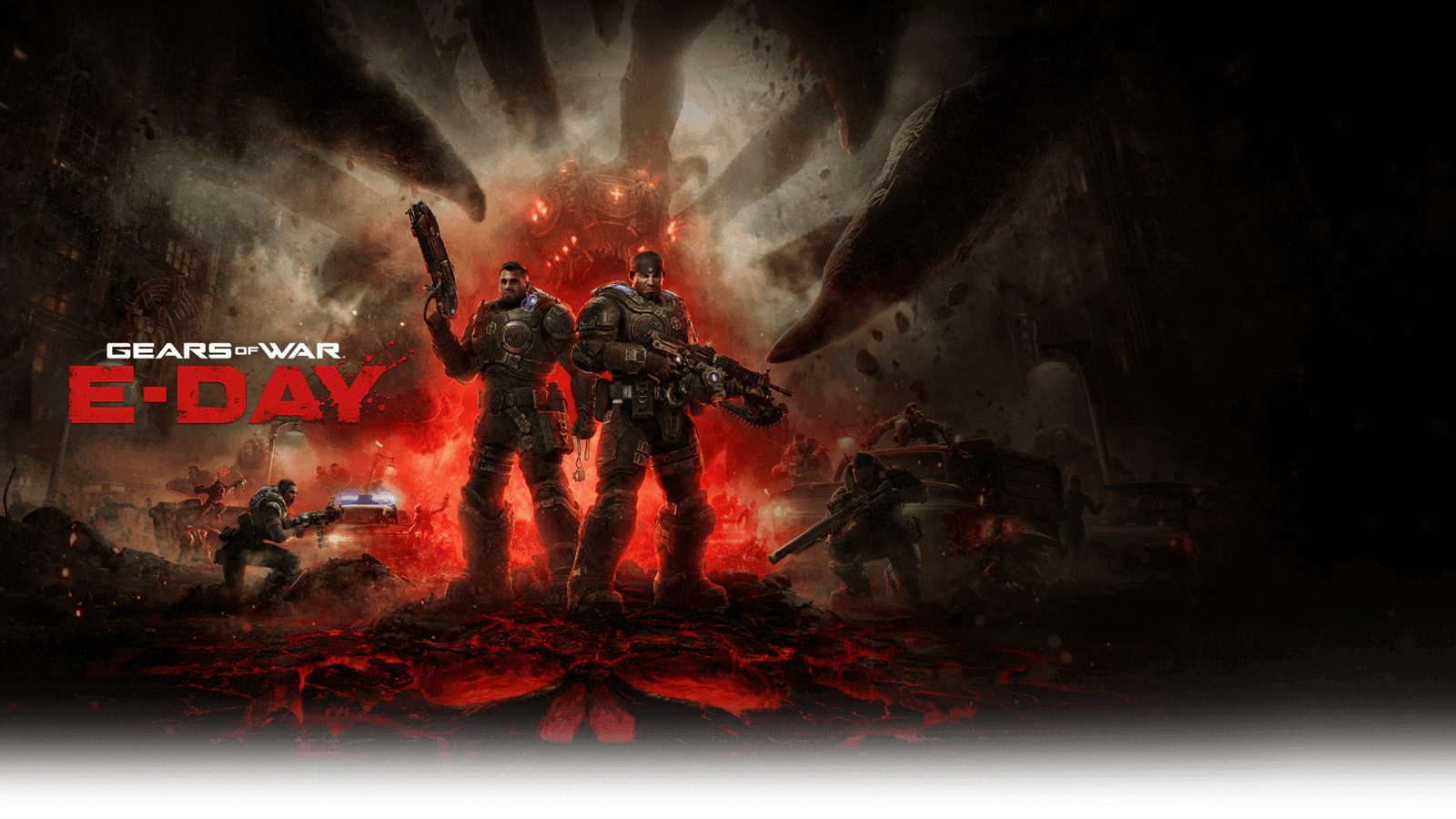 Key art officiel de Gears of War: E-Day, deux soldats armés devant une créature Locuste géante