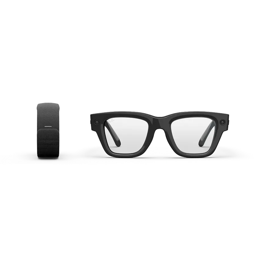 Lunettes Meta Ray-Ban Display noires et bracelet Neural Band sur fond blanc