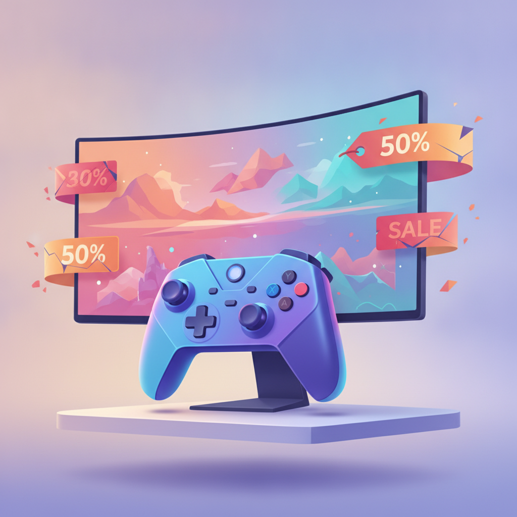 Illustration editoriale de soldes de jeux video sur PC avec manette et ecran