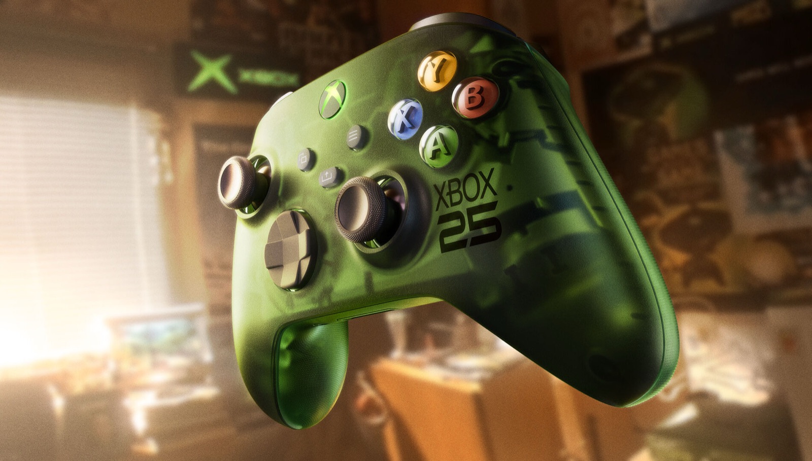 Manette sans fil Xbox Edition Speciale X25 en vert translucide avec logo XBOX 25 et boutons ABXY colores
