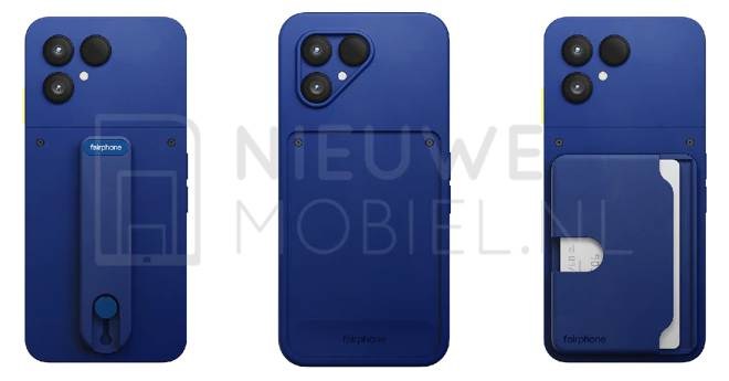 Le Fairphone 6 Plus en coloris Cobalt Blue vu de dos, avec son accroche-doigt, sa coque de protection et son porte-carte