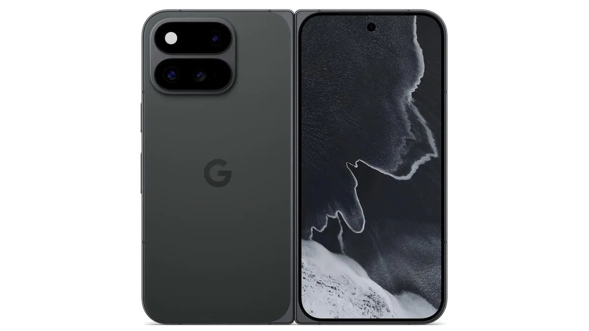 Le smartphone pliable Google Pixel 11 Pro Fold en coloris Obsidian, vu de dos et écran interne déplié