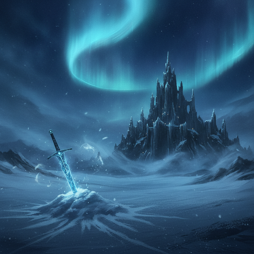 Épée glaciale plantée dans la neige devant une citadelle gelée, ambiance heroic fantasy