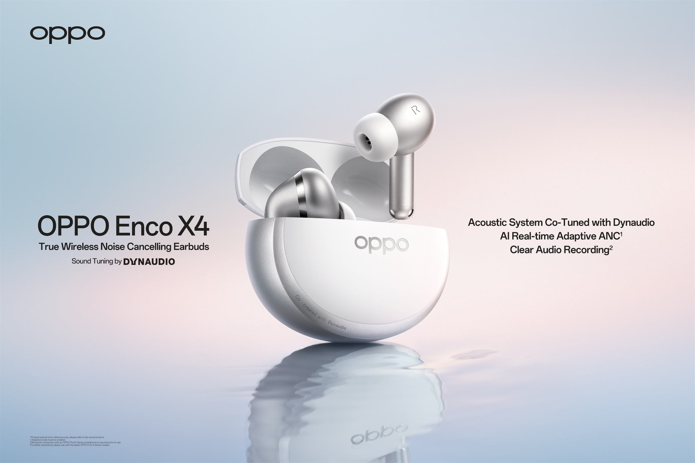 Les écouteurs sans fil OPPO Enco X4 blancs avec leur boîtier de charge ouvert, son accordé par Dynaudio