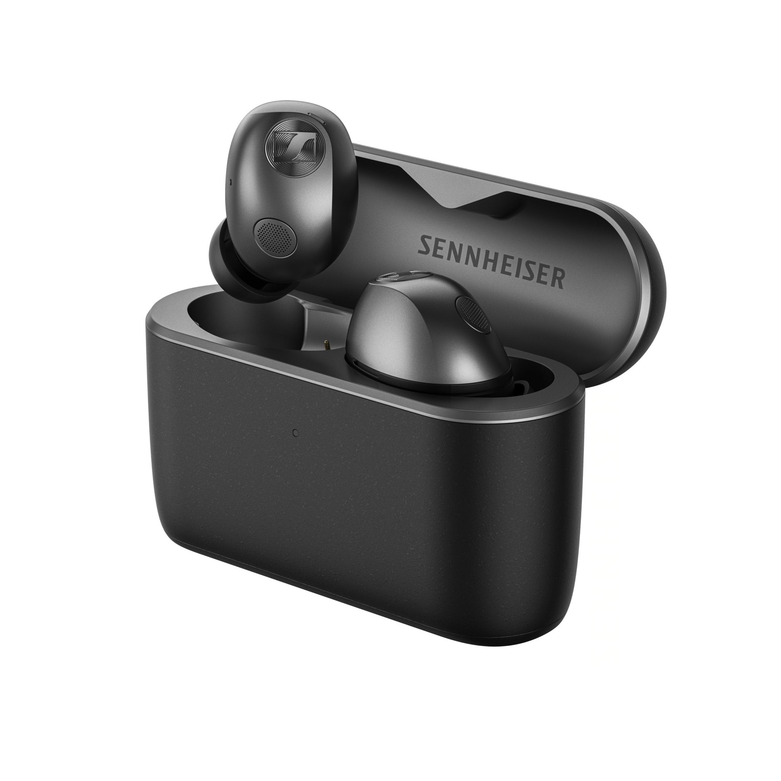 Écouteurs sans fil Sennheiser Momentum True Wireless 5 en coloris Graphite dans leur boîtier de charge