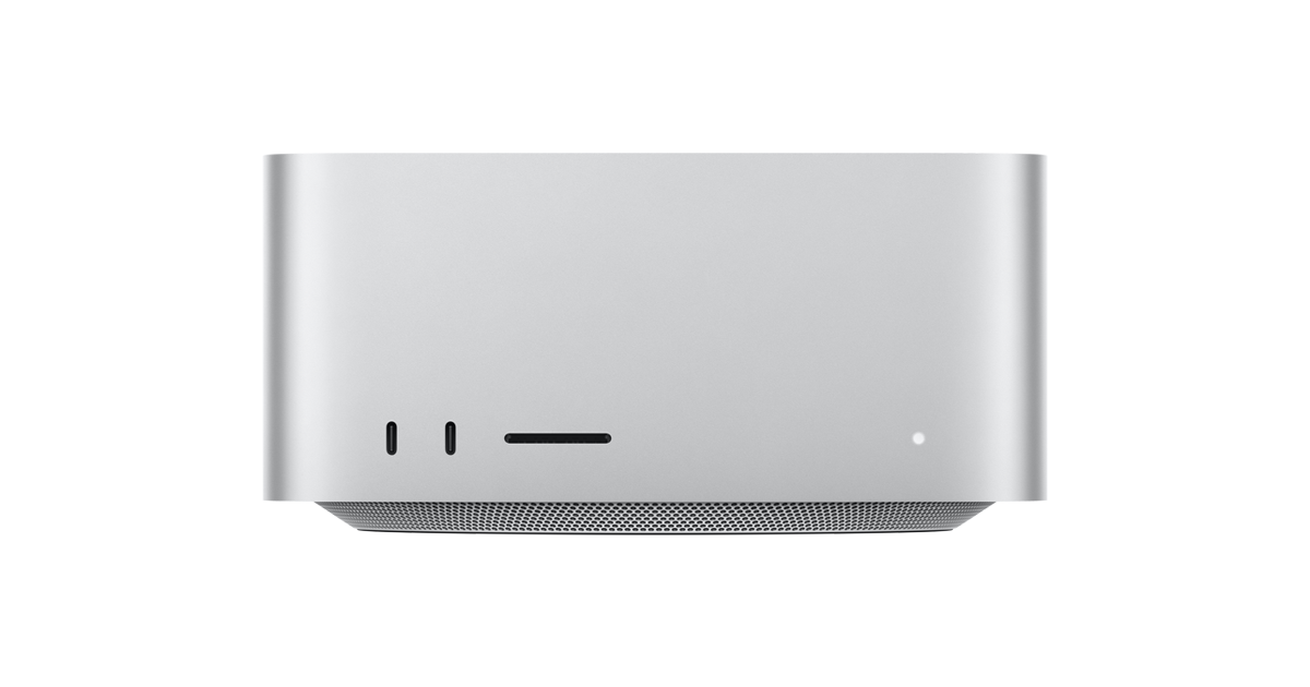 Mac Studio d'Apple vu de face, boîtier carré en aluminium