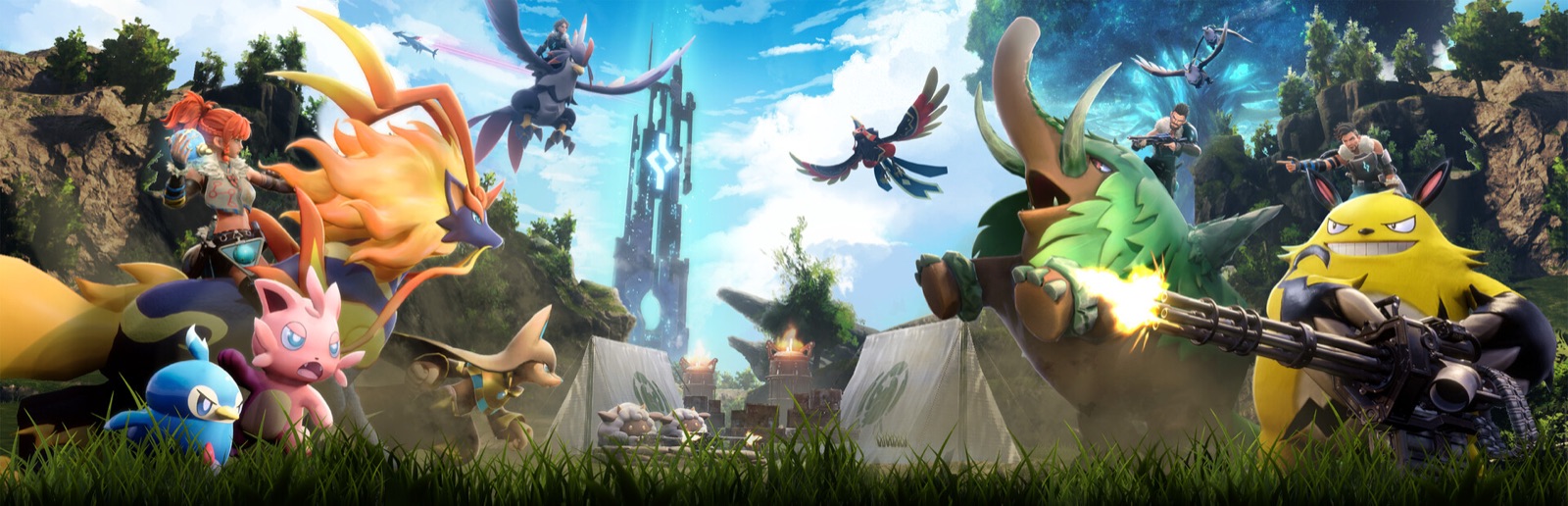 Key art officielle de Palworld : des creatures Pals et des personnages, certains armes et d'autres en vol, devant une grande tour