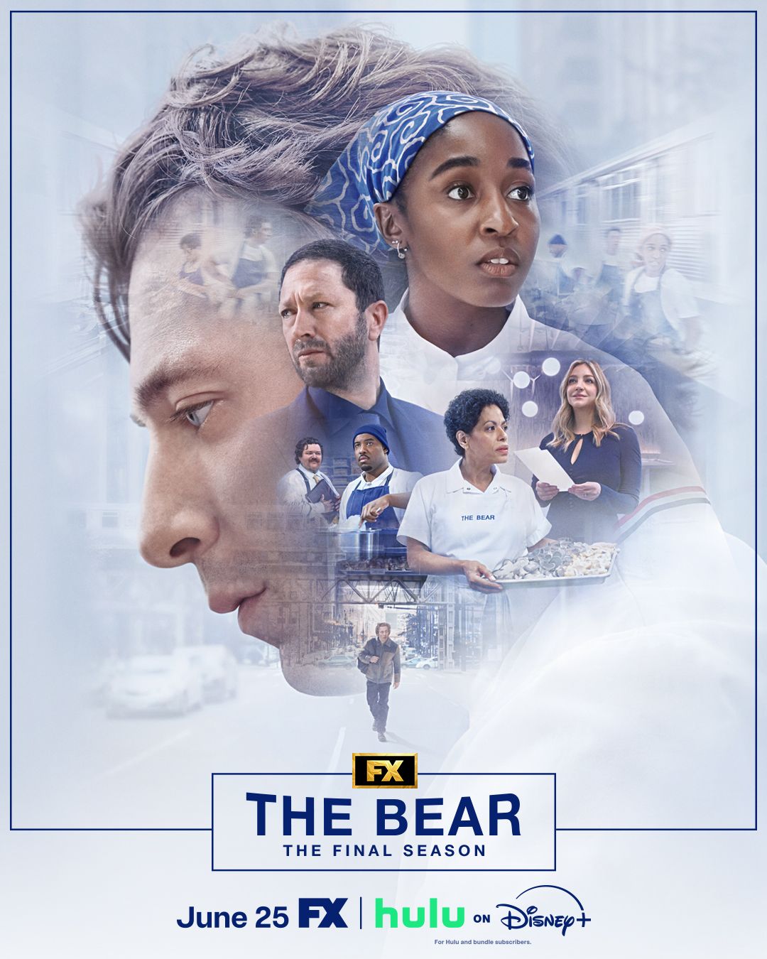 Key art officiel de la saison 5 de The Bear avec Carmy, Sydney et l'équipe du restaurant