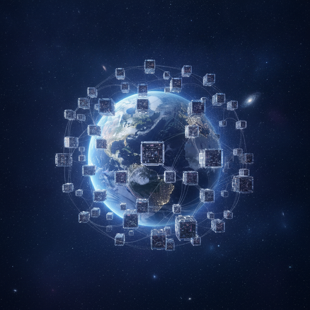 Constellation de satellites en orbite basse autour de la Terre formant un reseau de calcul