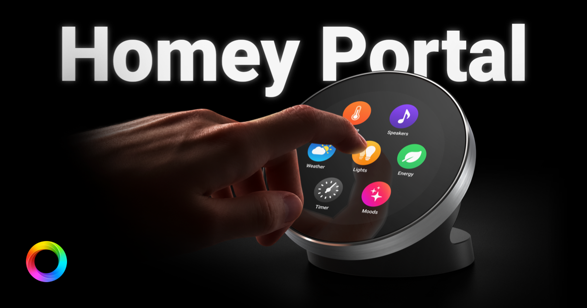 Le Homey Portal, écran tactile rond posé sur son pied, affichant ses icônes de contrôle domotique