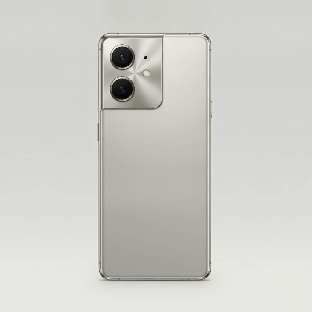 Smartphone haut de gamme avec un large module photo carre au dos, sur fond neutre