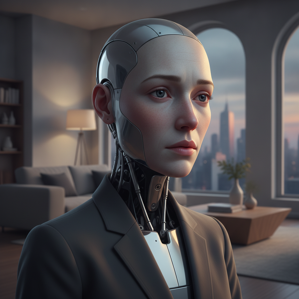 Robot humanoide compagnon au visage realiste, assis dans un salon moderne