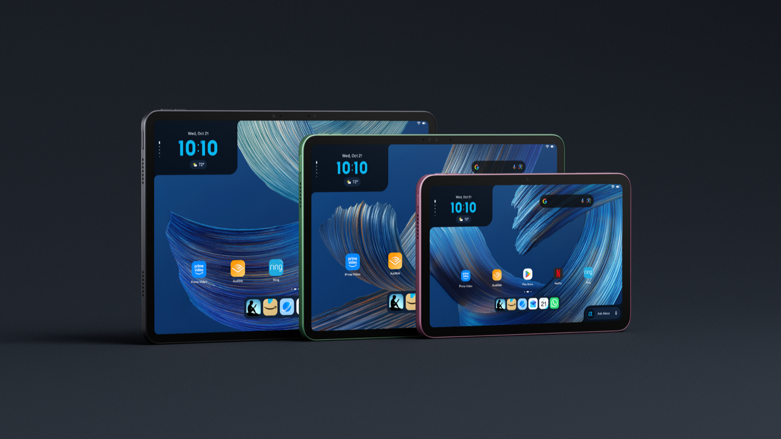 Les trois tablettes Amazon Alexa Tablet (8, 11 et 12 Pro) de face, montrant l'interface Android avec le Play Store
