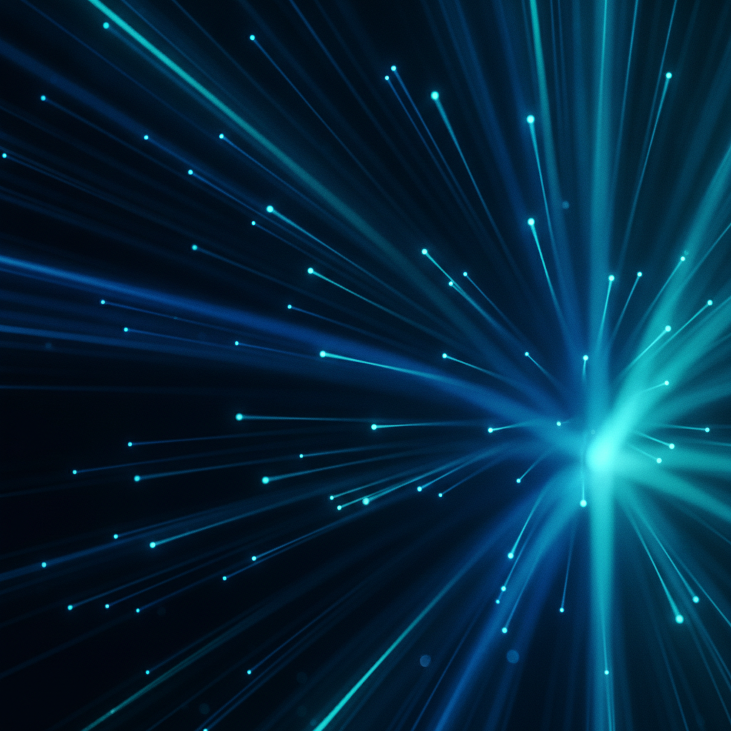 Faisceaux de fibres optiques rayonnant une lumière bleue dans l'obscurité