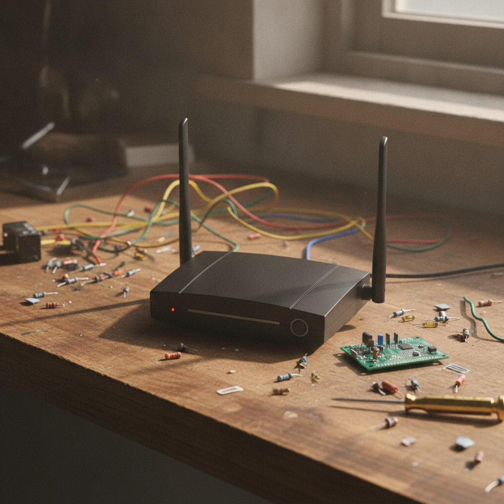 Un vieux routeur WiFi noir à deux antennes sur un établi entouré de composants électroniques