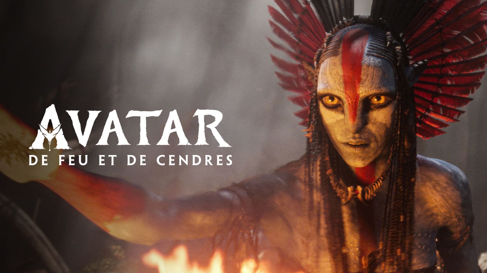 Visuel officiel du film Avatar : De Feu et de Cendres sur Disney+, une guerriere na'vi du Peuple des Cendres devant des flammes